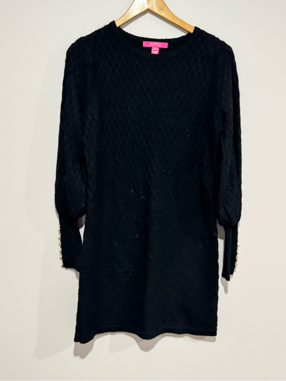 Lilly Pulitzer Black Solid Knit Sweater Shift Mini Dress Round Neck Long S